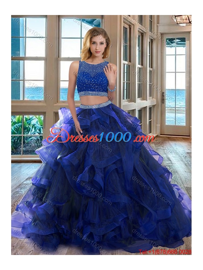 Two Piece Scoop Open Back Royal Blue Detachable Quinceanera Dresses with Beading