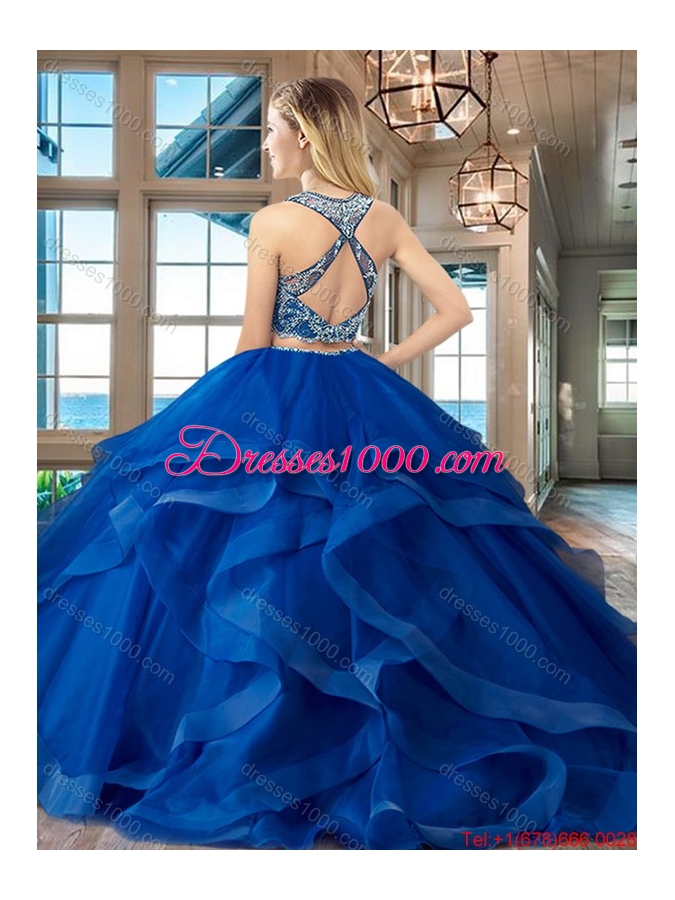 Beautiful Two Piece Brush Train Fuchsia Quinceanera Dress with Criss Cross