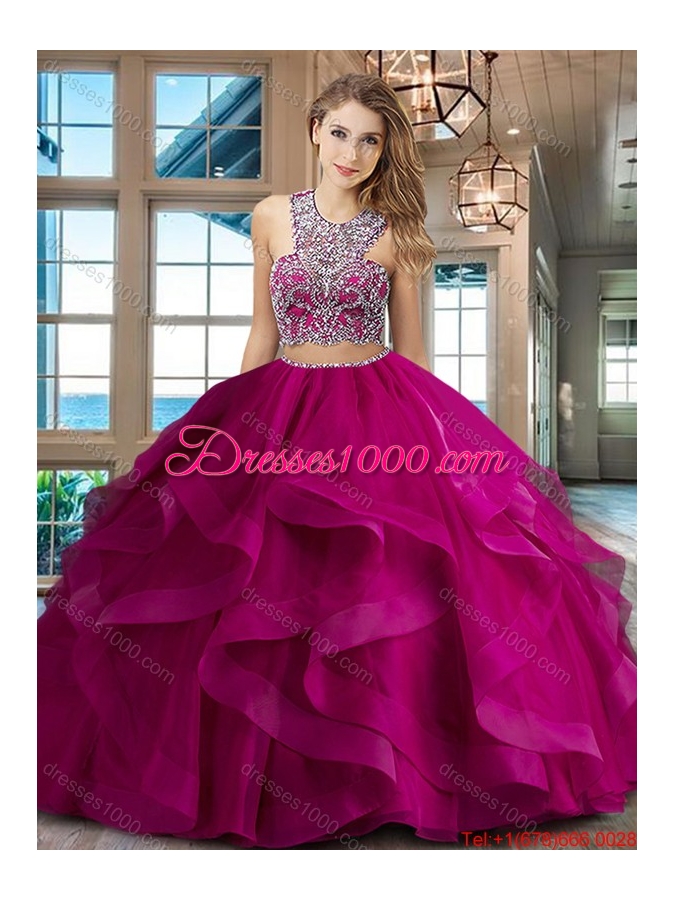 Beautiful Two Piece Brush Train Fuchsia Quinceanera Dress with Criss Cross