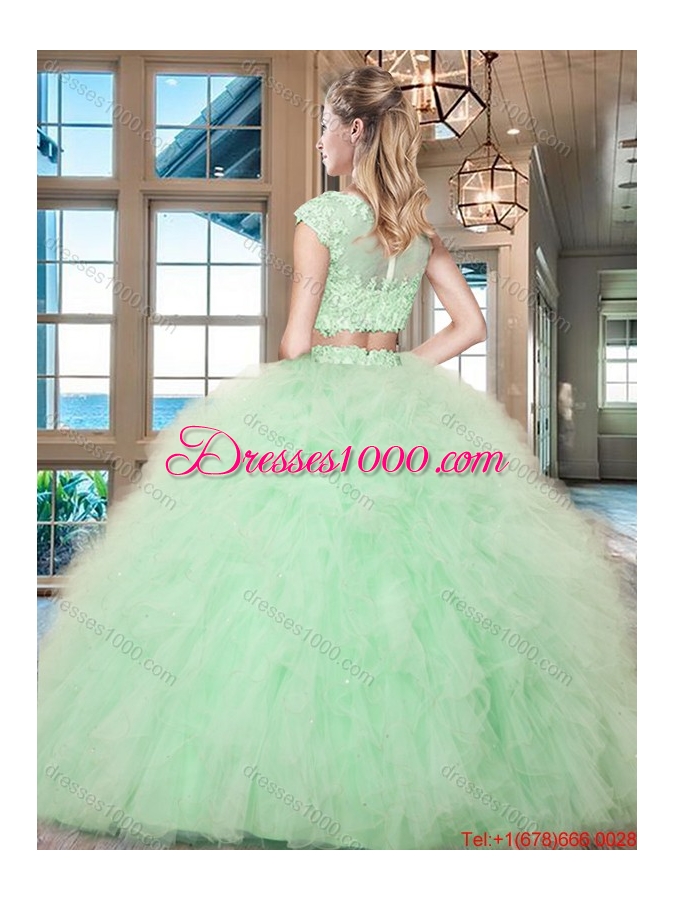 Beautiful Two Piece Ruffled Cap Sleeves Tulle Quinceanera Gown in Lavender