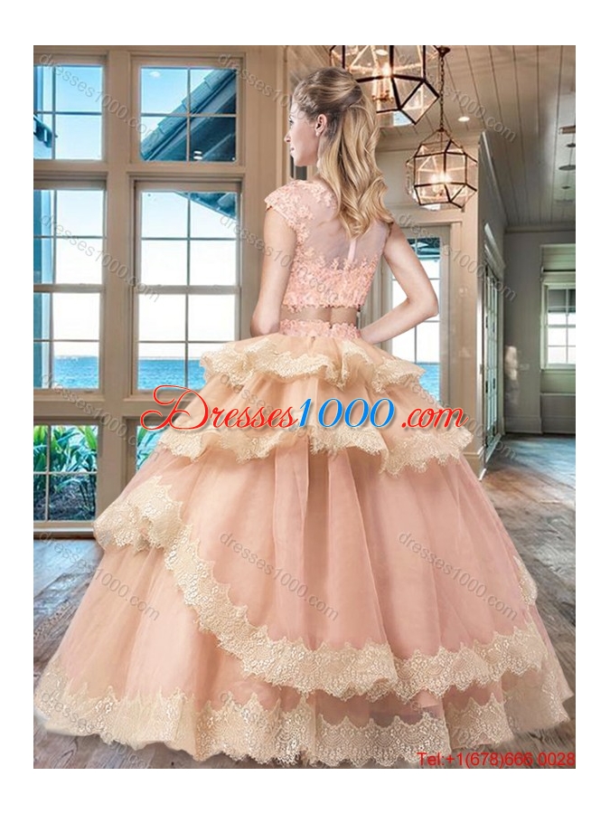 Classical Lacework and Ruffled Layers Light Blue Quinceanera Dress with Cap Sleeves
