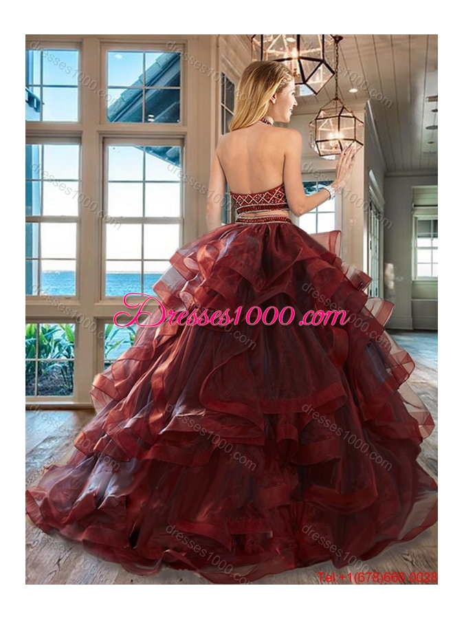 Luxurious Backless Beaded Decorated Halter Top Quinceanera Dress with Brush Train