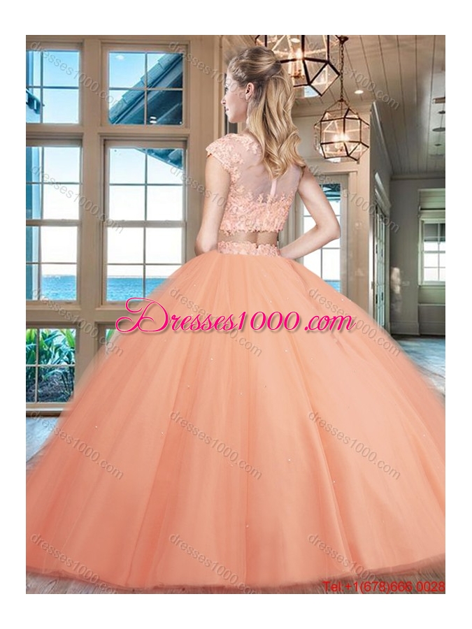 Luxurious Zipper Up Cap Sleeves Lavender Sweet 16 Dress with Beading and Appliques