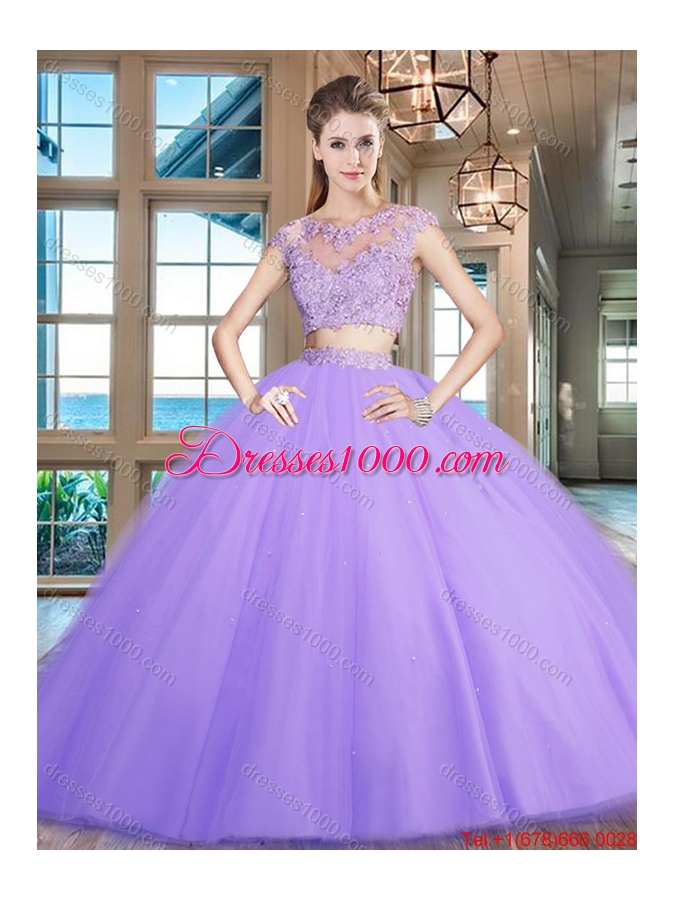Luxurious Zipper Up Cap Sleeves Lavender Sweet 16 Dress with Beading and Appliques