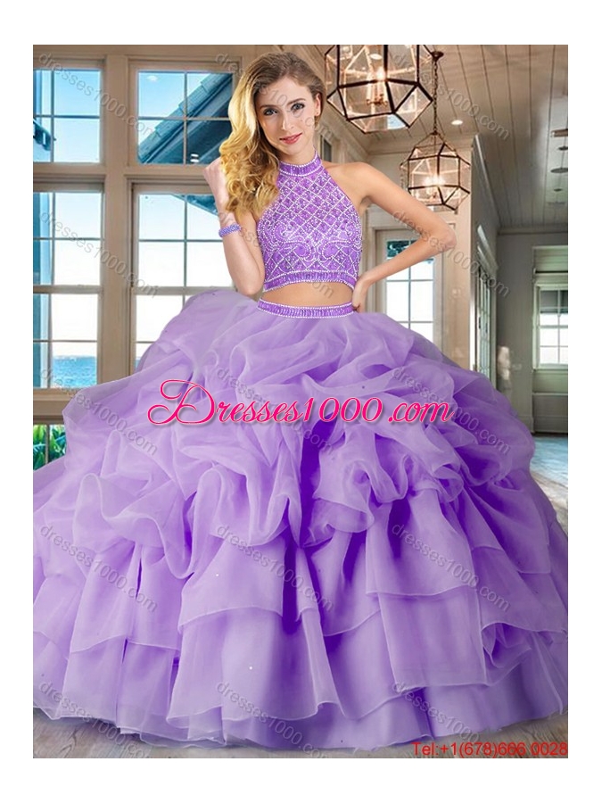 Most Popular Two Piece Lavender Brush Train Quinceanera Dress with Beading and Bubbles