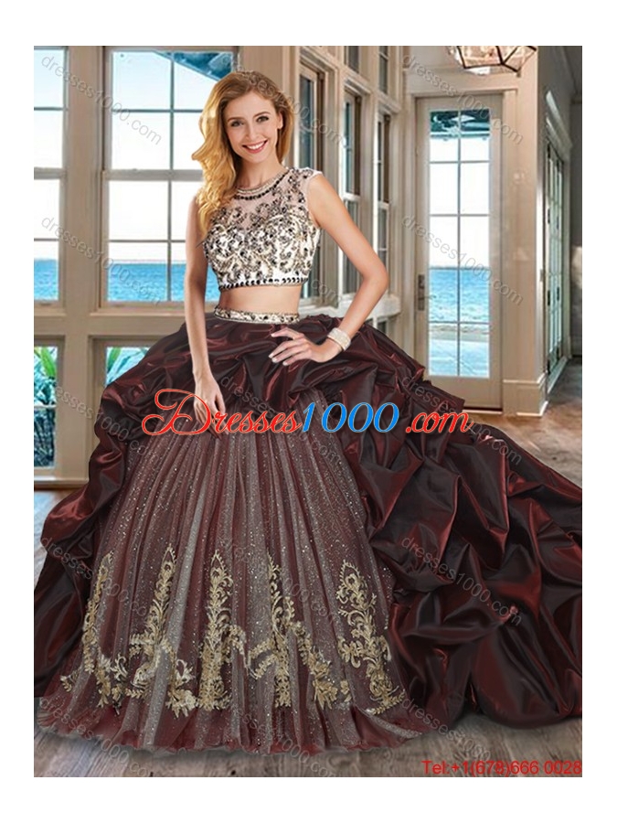 Perfect Embroideried and Bubble Burgundy Quinceanera Dress with Brush Train
