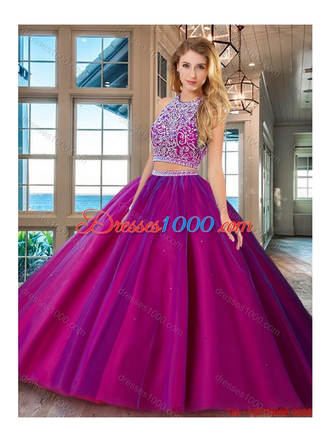 Perfect Really Puffy Brush Train Open Back Fuchsia Quinceanera Dress