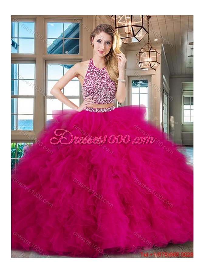 Perfect Ruffled and Beaded Fuchsia Quinceanera Dress with Brush Train