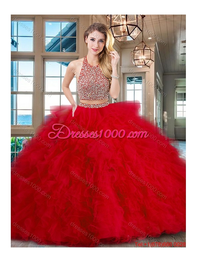 Perfect Ruffled and Beaded Fuchsia Quinceanera Dress with Brush Train
