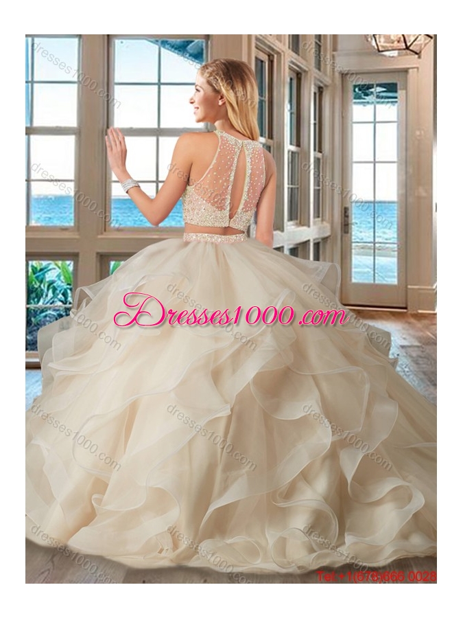 Pretty Two Piece Puffy High Neck Brush Train Baby Pink Quinceanera Dresses with Beading and Ruffles