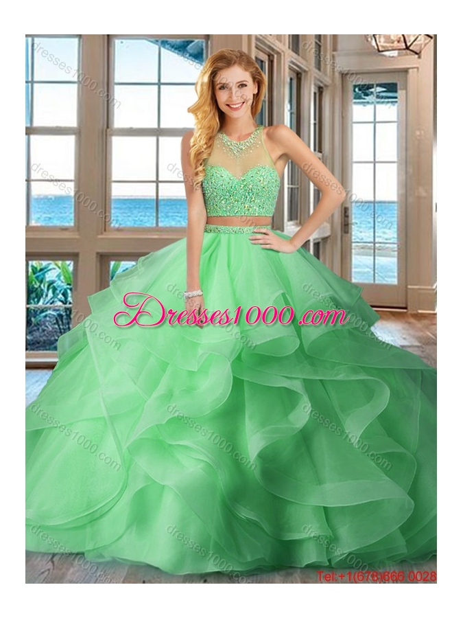 Pretty Two Piece Puffy High Neck Brush Train Baby Pink Quinceanera Dresses with Beading and Ruffles