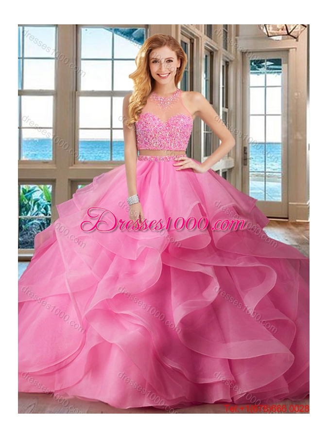 Pretty Two Piece Puffy High Neck Brush Train Baby Pink Quinceanera Dresses with Beading and Ruffles