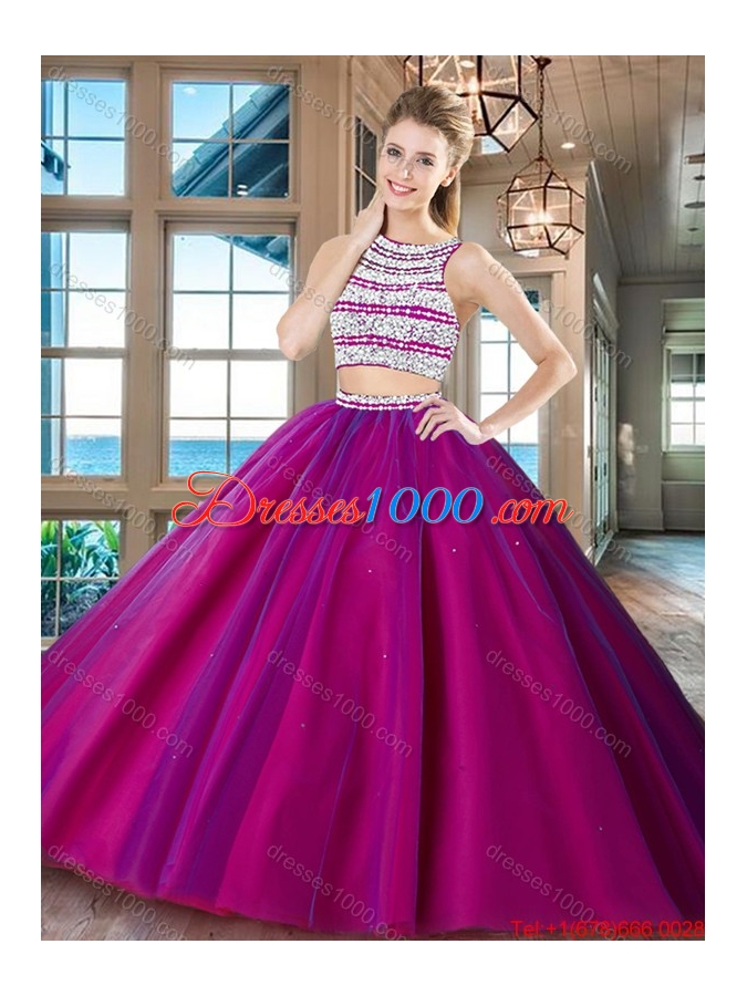 Romantic Two Piece Beaded Bodice Open Back Fuchsia Quinceanera Dress in Tulle