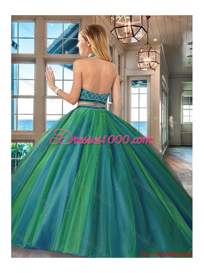 Unique Two Piece Beaded Bodice Backless Quinceanera Dress in Dark Green
