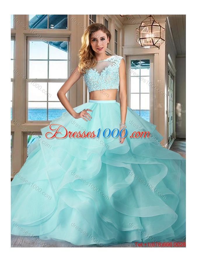 Fashionable Two Piece See Through Apple Green Quinceanera Dress with Brush Train