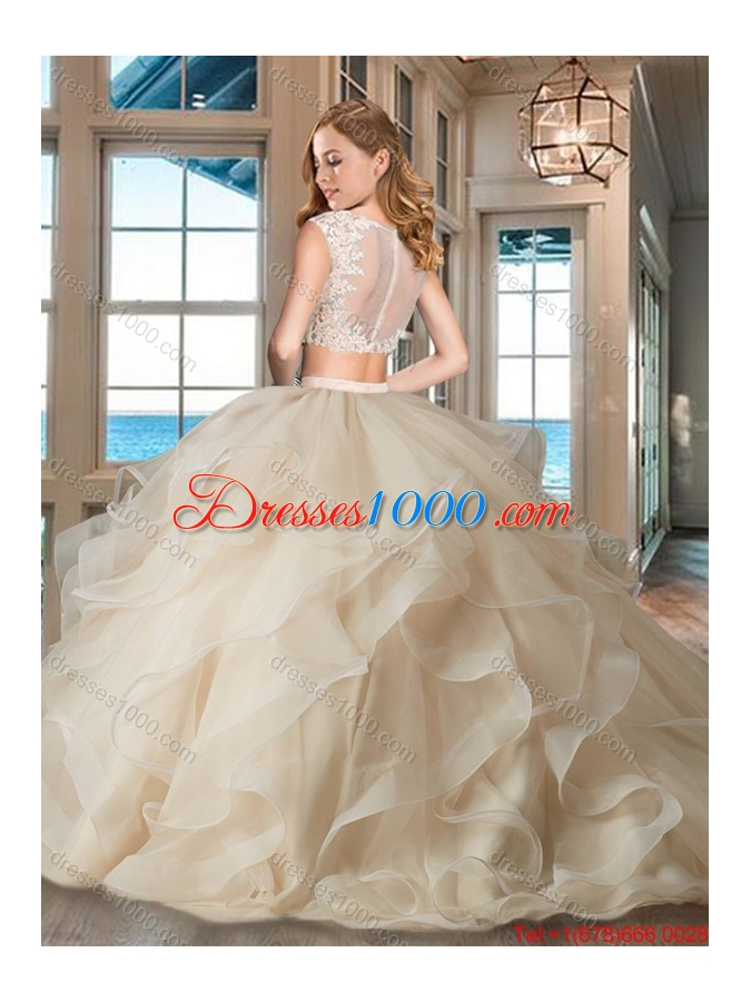 Fashionable Two Piece See Through Apple Green Quinceanera Dress with Brush Train