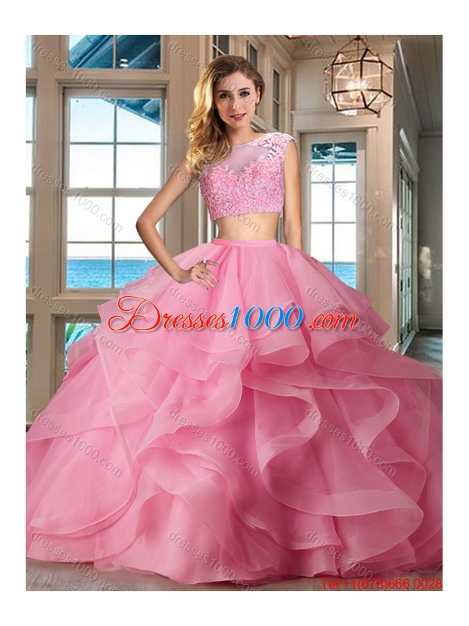 Fashionable Two Piece See Through Apple Green Quinceanera Dress with Brush Train