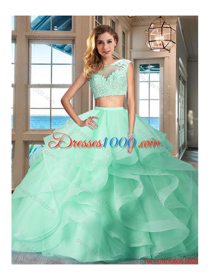Fashionable Two Piece See Through Apple Green Quinceanera Dress with Brush Train