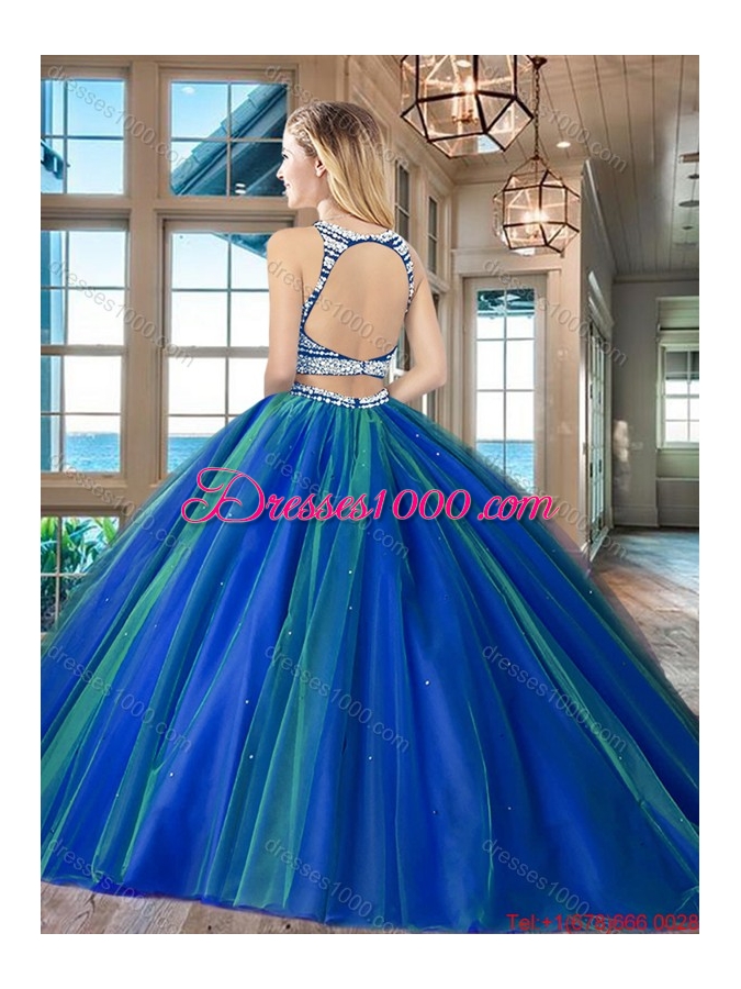 Modest Big Puffy Scoop Tulle Open Back Quinceanera Dress in Royal Blue