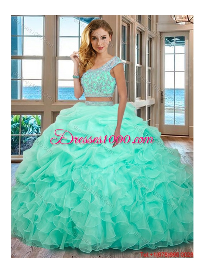 Puffy Scoop Organza Ruffled and Beaded Cap Sleeves Backless Mint Two Piece Quinceanera Dresses