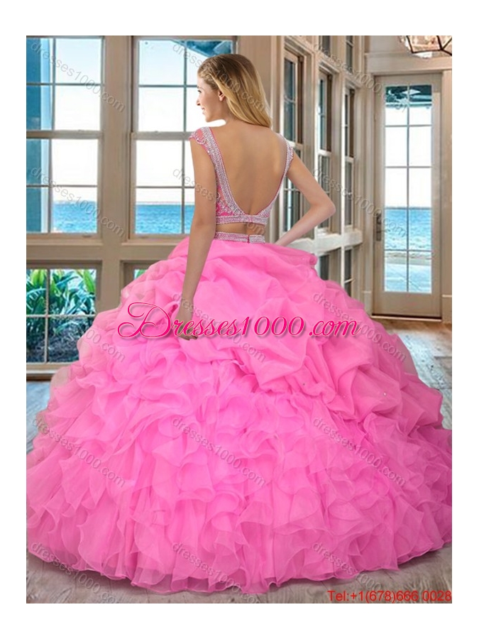 Puffy Scoop Organza Ruffled and Beaded Cap Sleeves Backless Mint Two Piece Quinceanera Dresses