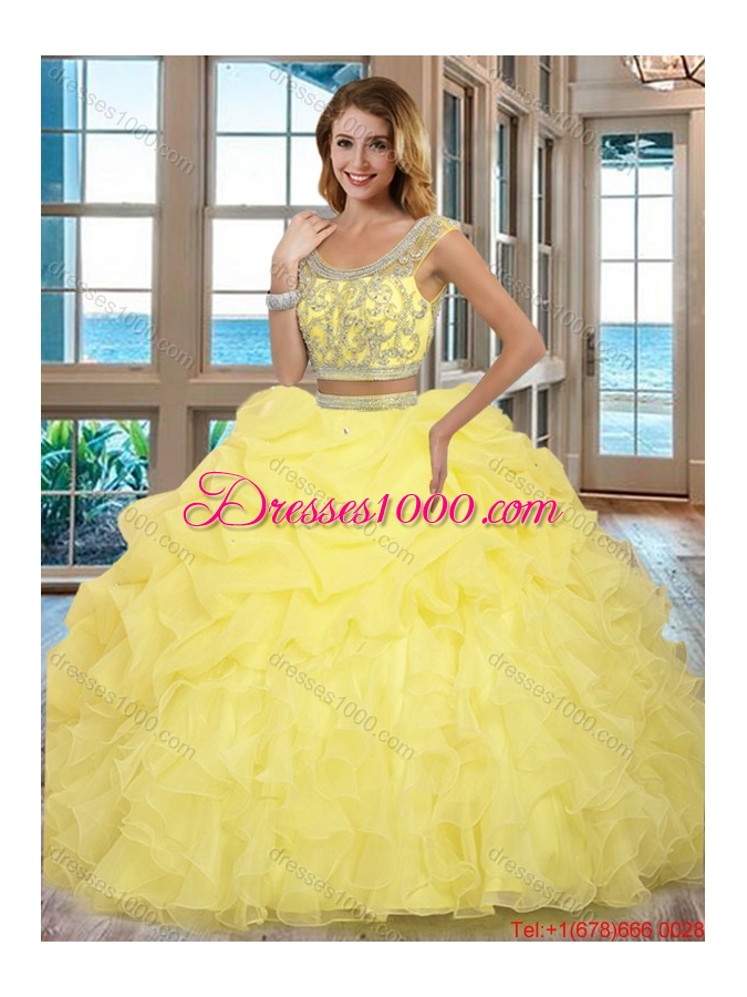 Puffy Scoop Organza Ruffled and Beaded Cap Sleeves Backless Mint Two Piece Quinceanera Dresses