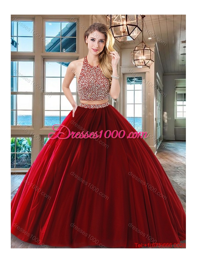 Simple Floor Length Beaded Decorated Waist Quinceanera Dress in Wine Red