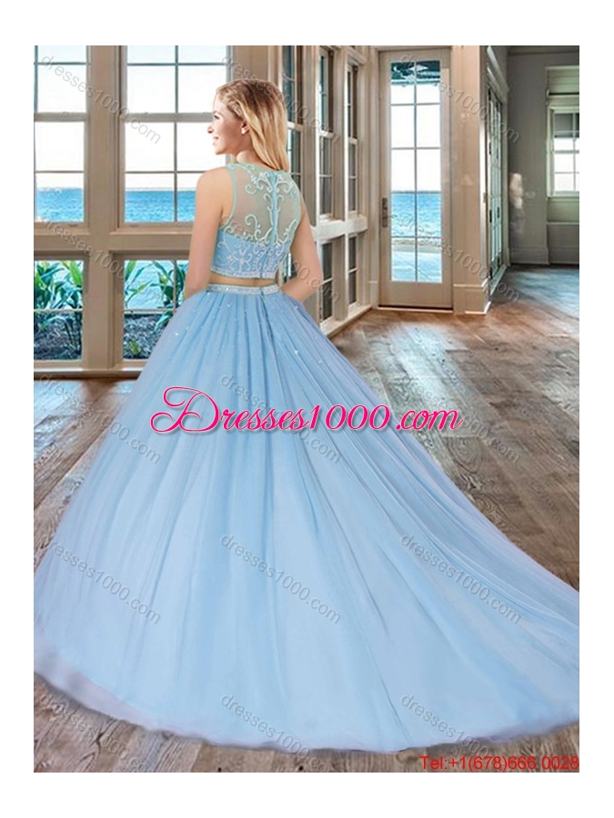 Two Piece Scoop Zipper Up Tulle Pink Quinceanera Dresses with Brush Train