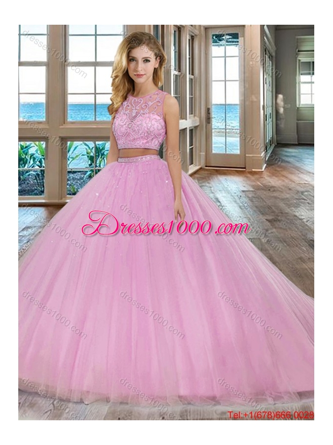 Two Piece Scoop Zipper Up Tulle Pink Quinceanera Dresses with Brush Train