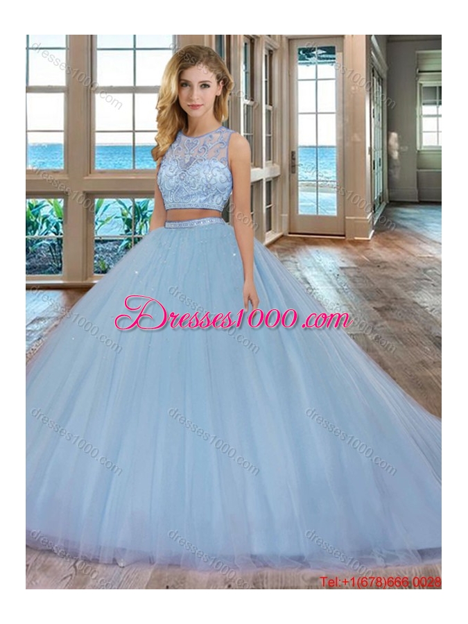 Two Piece Scoop Zipper Up Tulle Pink Quinceanera Dresses with Brush Train