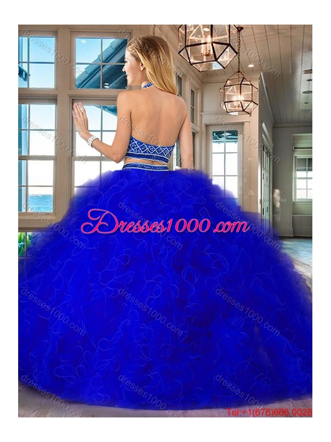 Modern Two Piece Beaded Bodice and Ruffled Sweet 16 Dress in Royal Blue