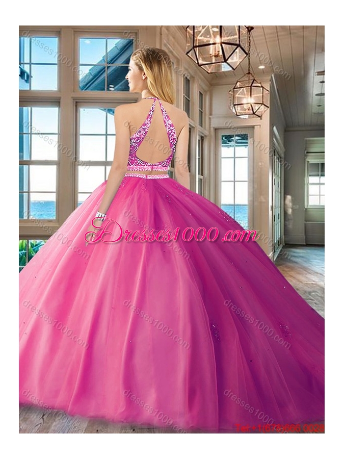 Popular Open Back Brush Train Beaded Bodice Quinceanera Dress in Tulle