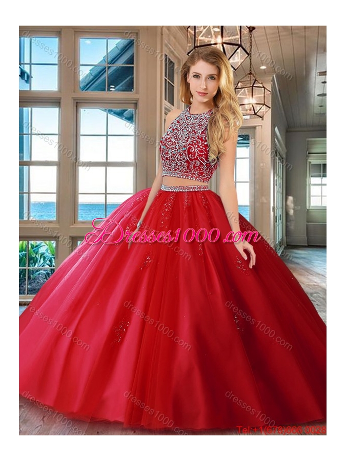 Popular Open Back Brush Train Beaded Bodice Quinceanera Dress in Tulle