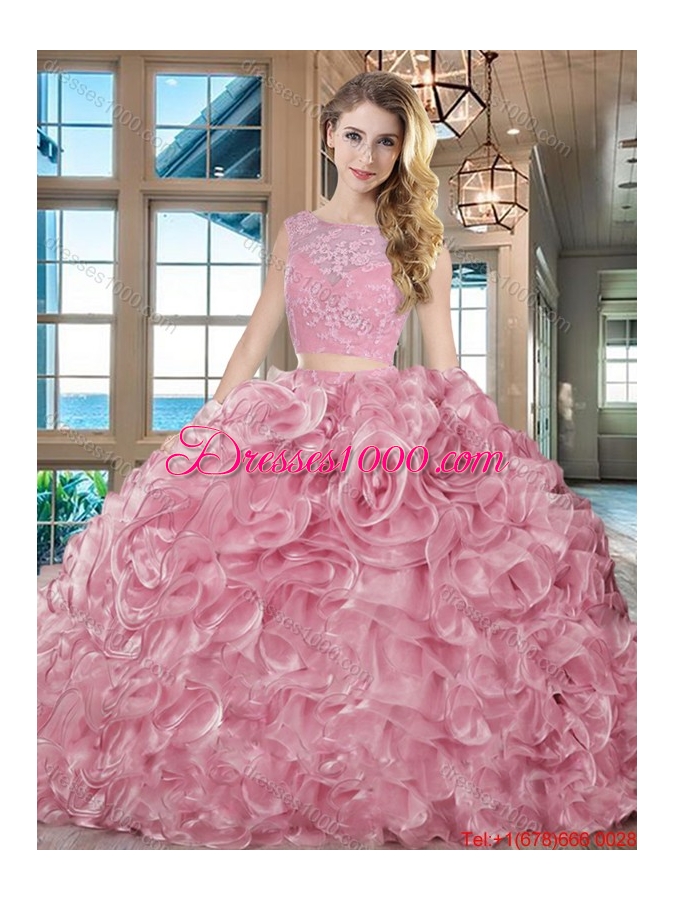 Best Selling Really Puffy Brush Train Organza Pink Quinceanera Dress with Lace