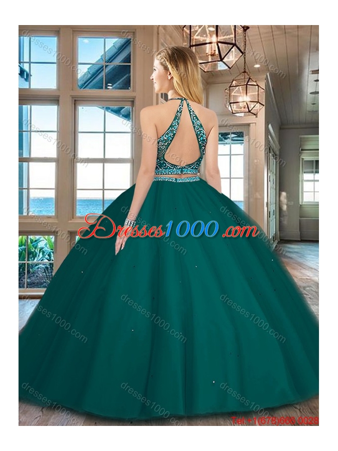 Cheap Two Piece Dark Green Open Back Tulle Quinceanera Dress with Beading