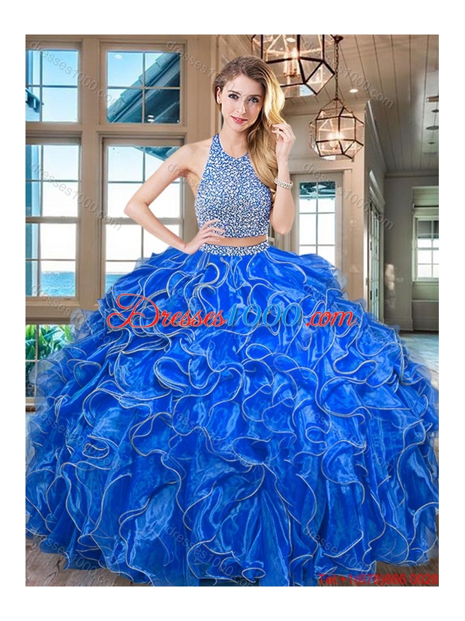 Designer Halter Top Ruffled and Beaded Organza Royal Blue Quinceanera Gown