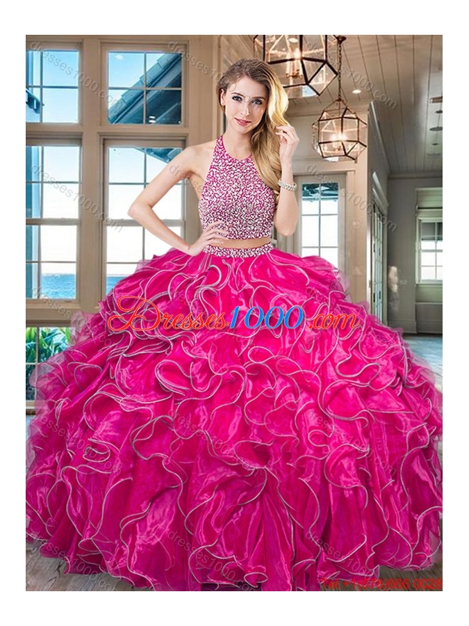 Designer Halter Top Ruffled and Beaded Organza Royal Blue Quinceanera Gown