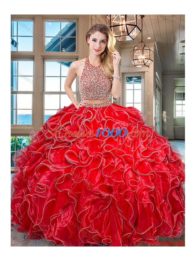 Designer Halter Top Ruffled and Beaded Organza Royal Blue Quinceanera Gown