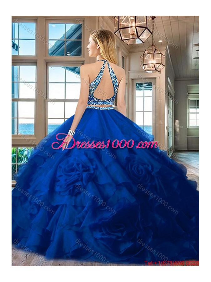 Discount Brush Train Royal Blue Quinceanera Dress with Beading and Ruffles