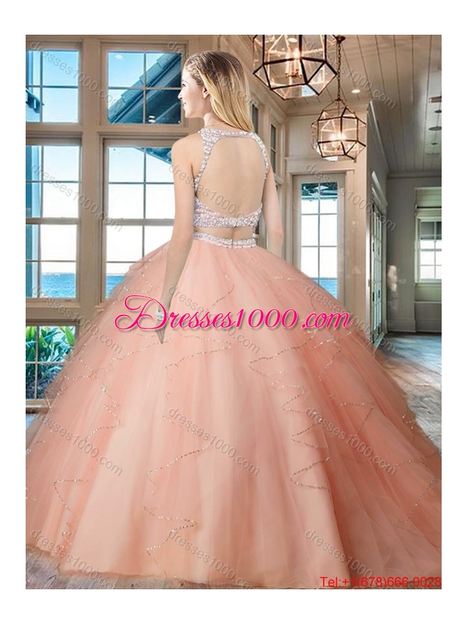 Discount Two Piece See Through Scoop Open Back Aquamarine Quinceanera Dress