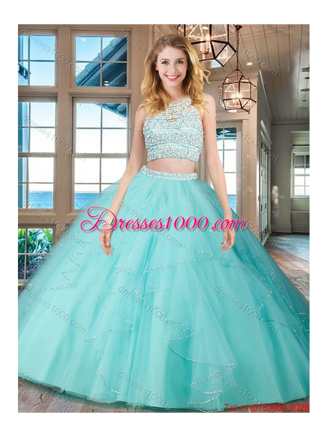 Discount Two Piece See Through Scoop Open Back Aquamarine Quinceanera Dress