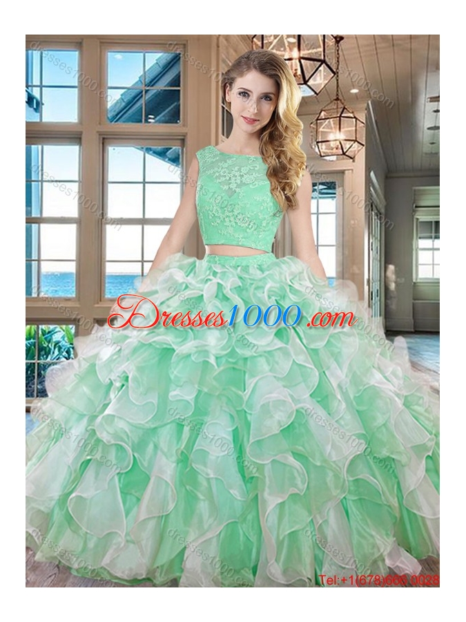 Discount Two Piece Square Ruffled Organza Quinceanera Dress in Apple Green
