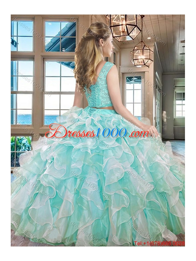 Discount Two Piece Square Ruffled Organza Quinceanera Dress in Apple Green
