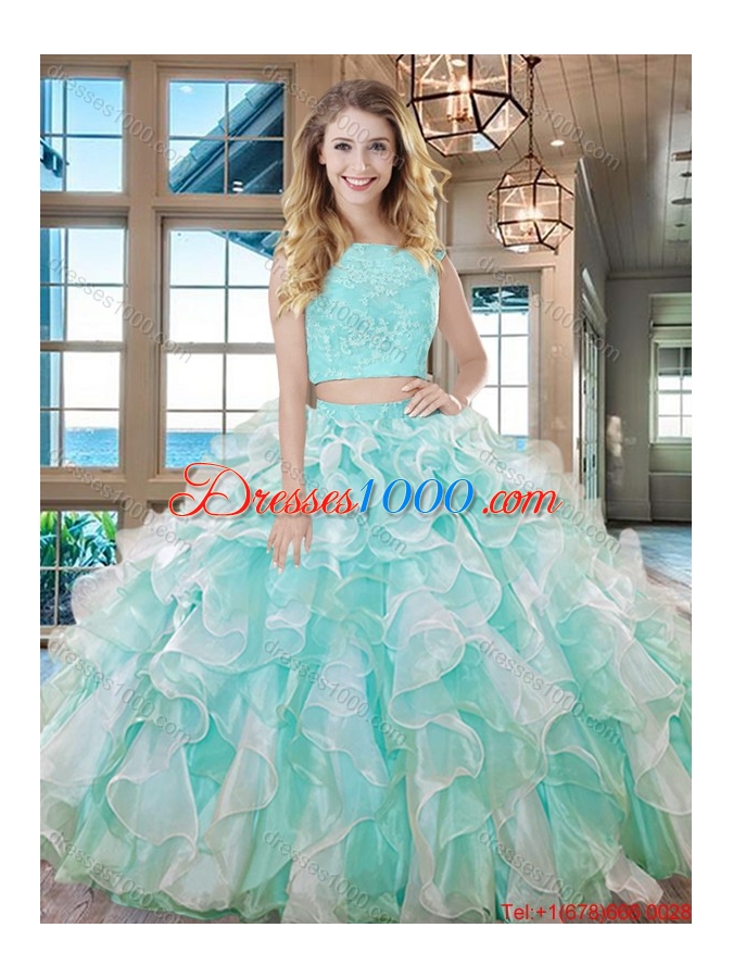 Discount Two Piece Square Ruffled Organza Quinceanera Dress in Apple Green