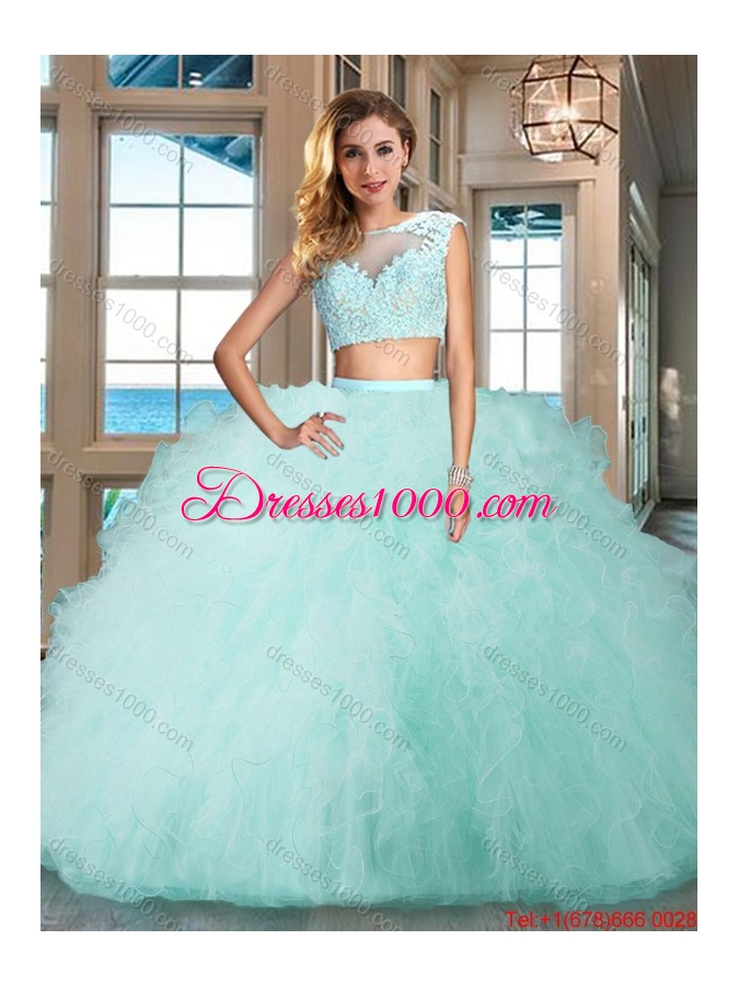 Discount Two Piece Tulle Aquamarine Quinceanera Dress with Ruffles and Appliques