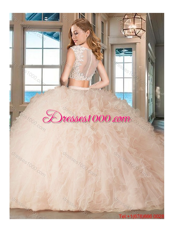 Discount Two Piece Tulle Aquamarine Quinceanera Dress with Ruffles and Appliques
