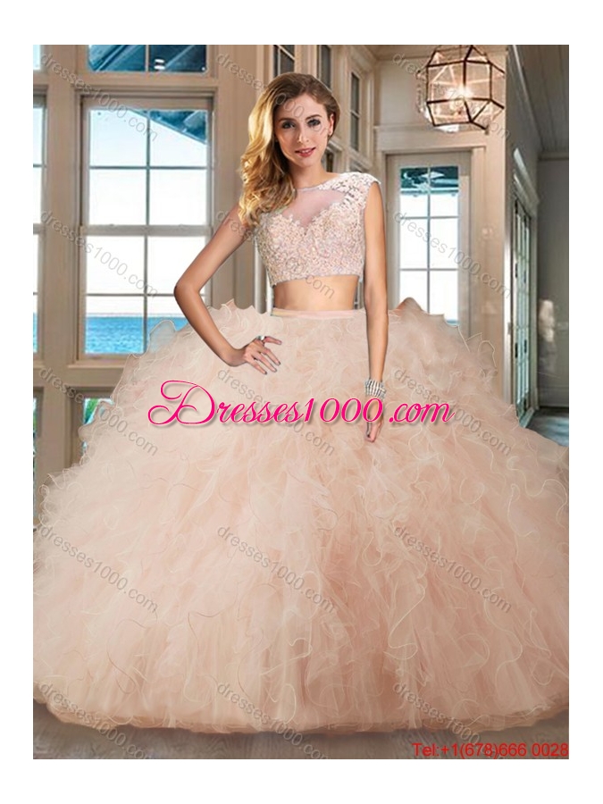 Discount Two Piece Tulle Aquamarine Quinceanera Dress with Ruffles and Appliques