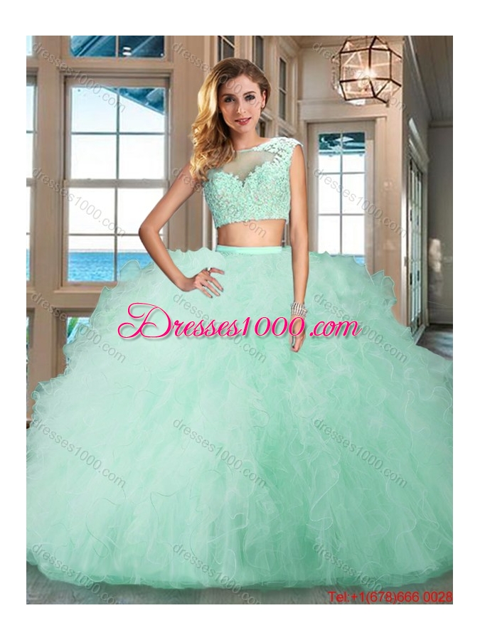 Discount Two Piece Tulle Aquamarine Quinceanera Dress with Ruffles and Appliques