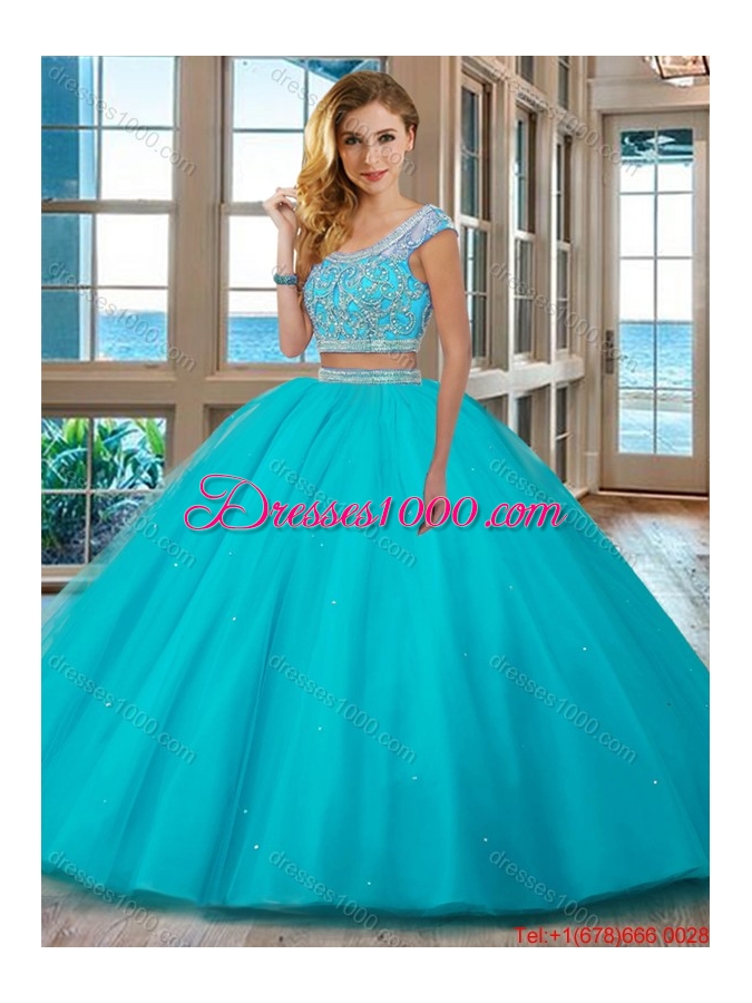 Elegant Puffy Skirt Scoop Cap Sleeves Quinceanera Dress with Ruffles and Beading