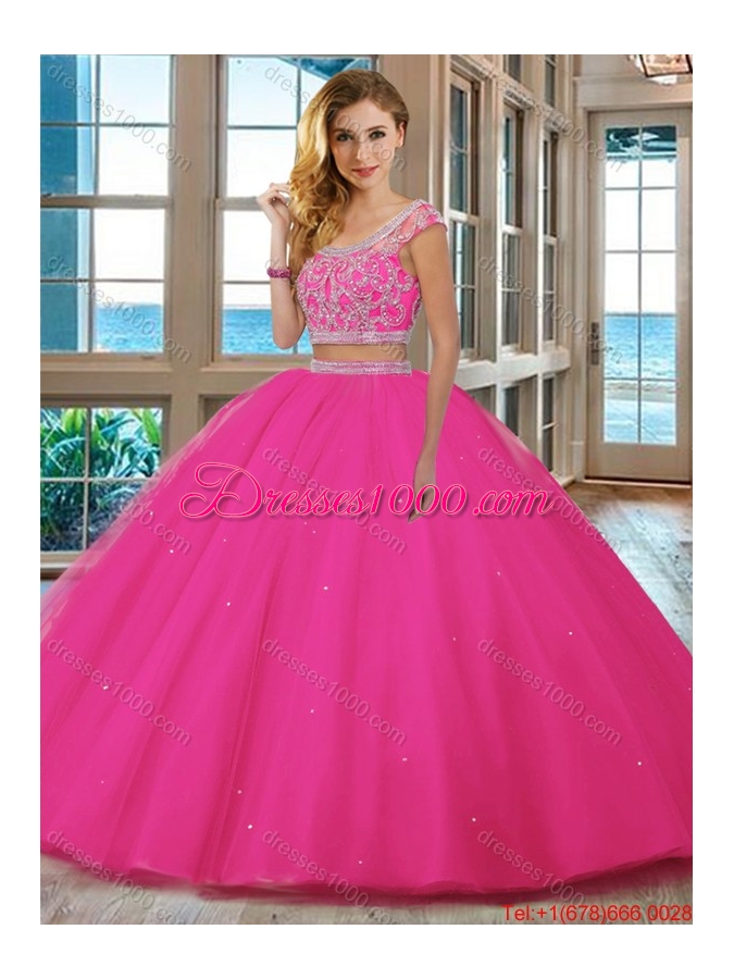Elegant Puffy Skirt Scoop Cap Sleeves Quinceanera Dress with Ruffles and Beading